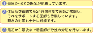 1.毎日2〜3名の医師が勤務しています。 2.休日及び夜間でも24時間体制で医師が常駐し、それをサポートする医師も待機しています。緊急の対応も十分に可能です。 3.最初から最後まで助産師が分娩の介助を行ないます。